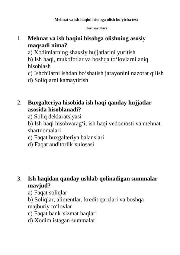 Mehnat va ish haqini hisobga olish bo‘yicha test