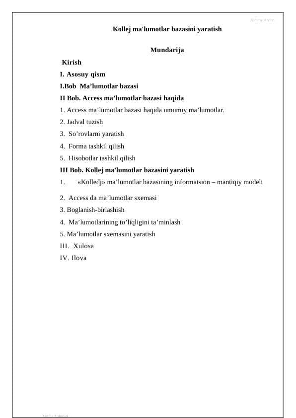 Kollej ma'lumotlar bazasini yaratish