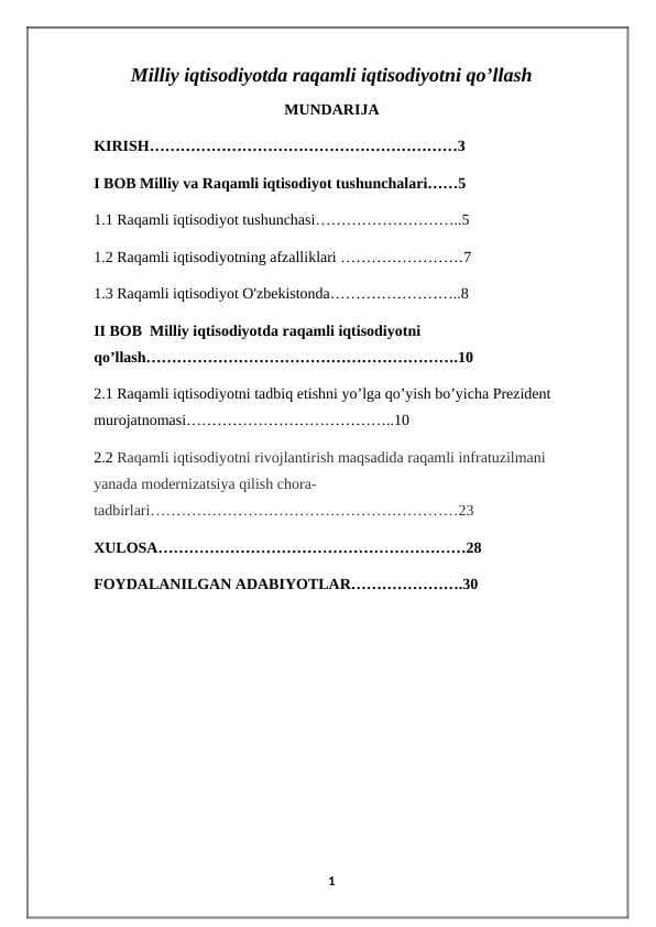 Milliy iqtisodiyotda raqamli iqtisodiyotni qo’llash
