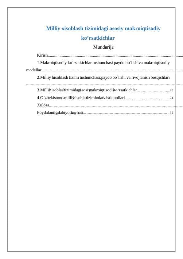 Milliy xisoblash tizimidagi asosiy makroiqtisodiy ko’rsatkichlar