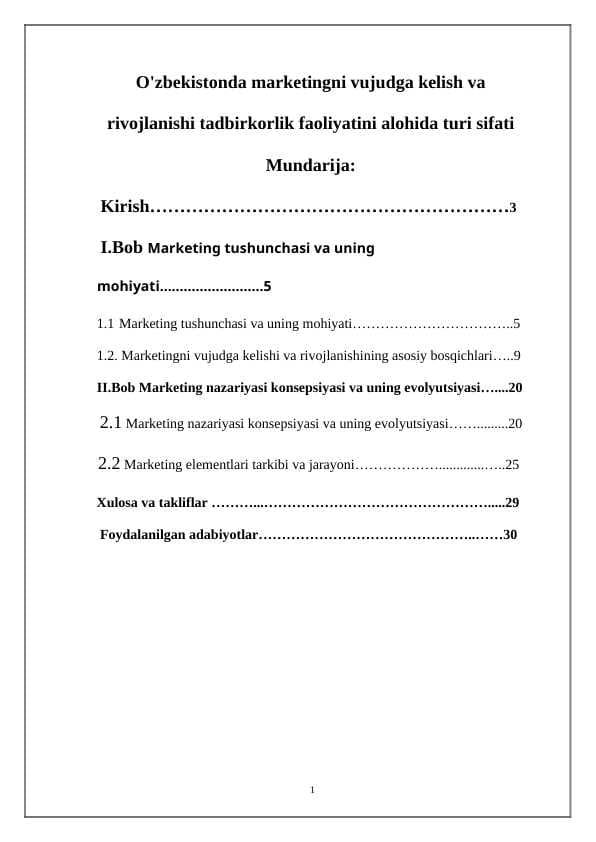 O'zbekistonda marketingni vujudga kelish va rivojlanishi tadbirkorlik faoliyatini alohida turi sifati