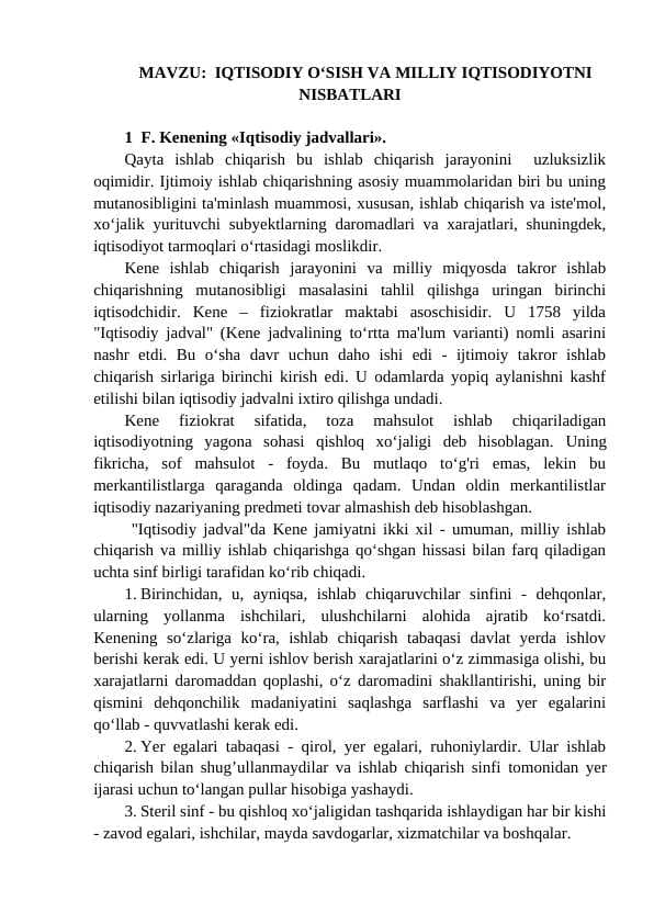 IQTISODIY O‘SISH VA MILLIY IQTISODIYOTNI NISBATLARI