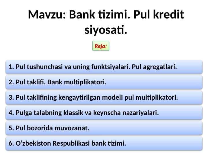 Bank tizimi. Pul kredit siyosati.