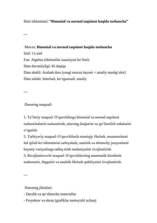 Binomial va normal taqsimot haqida tushuncha ( Dars ishlanmasi )