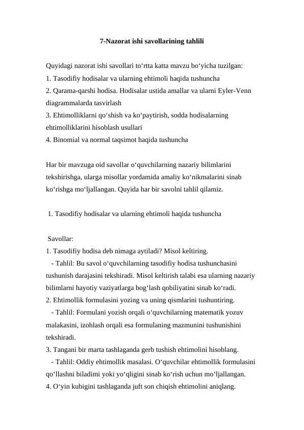 7-Nazorat ishi savollarining tahlili 11-sinf Algebra (2024-2025)
