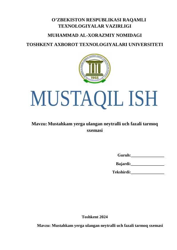 Mustahkam yerga ulangan neytralli uch fazali tarmoq sxemasi