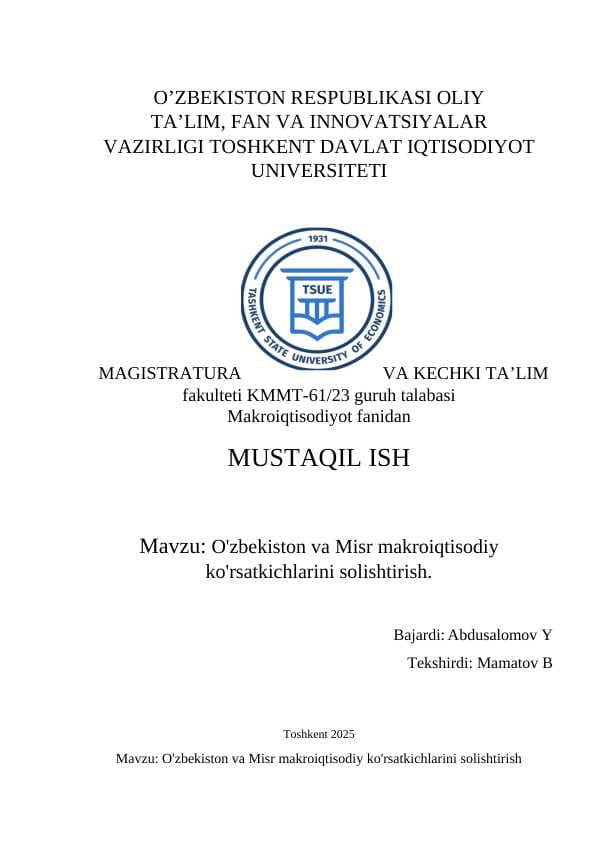 O'zbekiston va Misr makroiqtisodiy ko'rsatkichlarini solishtirish.
