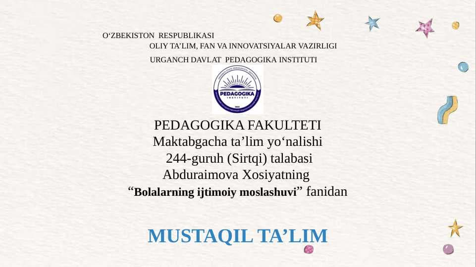 Ijtimoiy pedagogika fan sifatida.  Ijtimoiy pedagogika tushunchasi, tuzilishi va vazifalari. Ijtimoiylashuv tushunchasi, jarayoni, vositalari.  Ijtimoiylashtirishning omillari va mexanizmlari. Oila va uning asosiy funksiyalari. Oila bilan ijtimoiy pedagogik faoliyat olib borish. Tarbiya – ijtimoiy hodisa. Tarbiyachi shaxsida ijtimoiy munosabatlarni rivojlantirish metodlari.