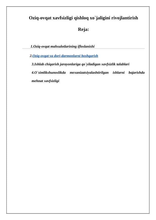 Oziq-ovqat xavfsizligi qishloq xo`jaligini rivojlantirish