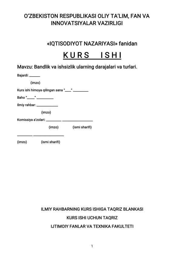 Bandlik va ishsizlik ularning darajalari va turlari.