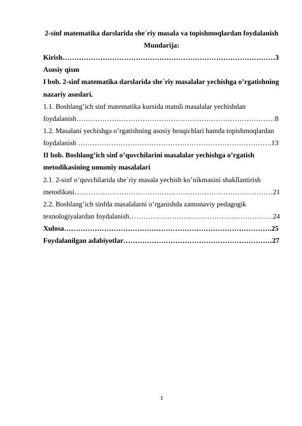 2-sinf matematika darslarida she`riy masala va topishmoqlardan foydalanish
