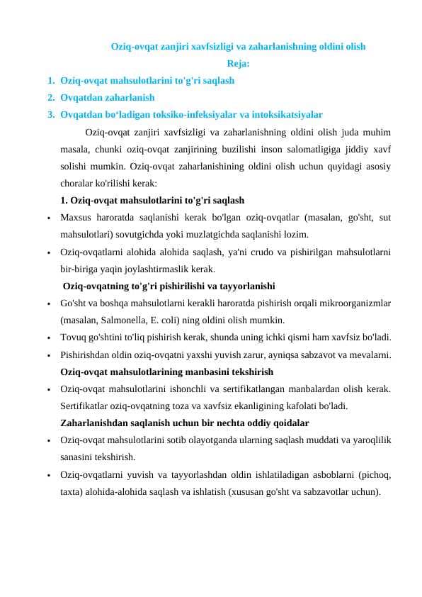 Oziq-ovqat zanjiri xavfsizligi va zaharlanishning oldini olish