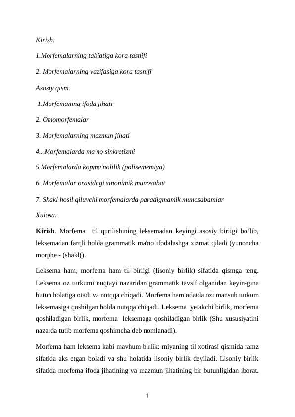 “Ozbek tilshunosligida morfema va qoshimchalar munosabat masalasi
