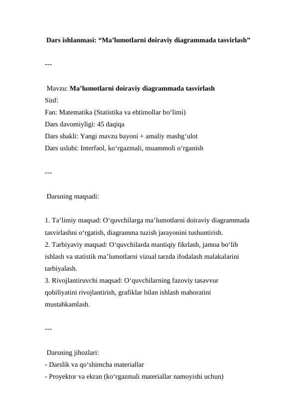 Ma’lumotlarni doiraviy diagrammada tasvirlash ( Dars ishlanmasi )