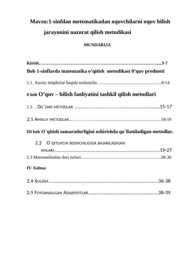 1-sinfdan metematikadan o'quvchilarni o'quv bilish jarayonini nazorat qilish metodikasi