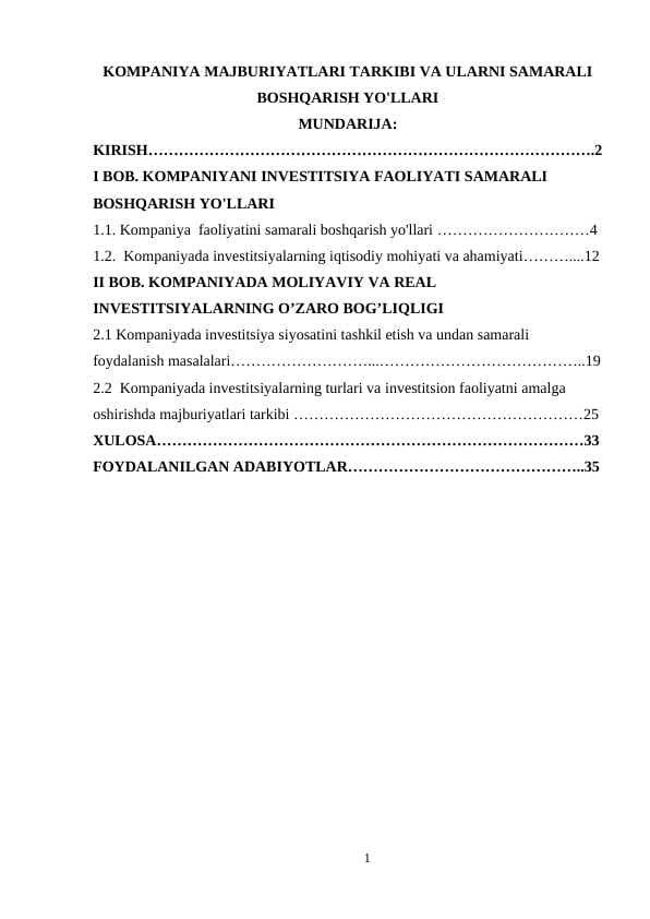 KOMPANIYA MAJBURIYATLARI TARKIBI VA ULARNI SAMARALI BOSHQARISH YO'LLARI