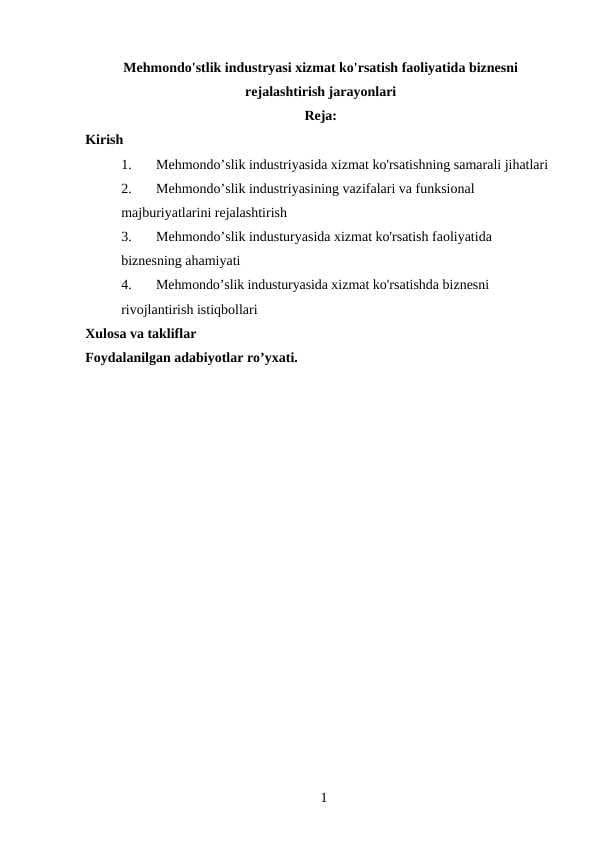 Mehmondo'stlik industryasi xizmat ko'rsatish faoliyatida biznesni rejalashtirish jarayonlari