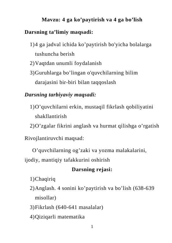 Mavzu: 4 ga ko’paytirish va 4 ga bo’lish , DARS ISHLANMA