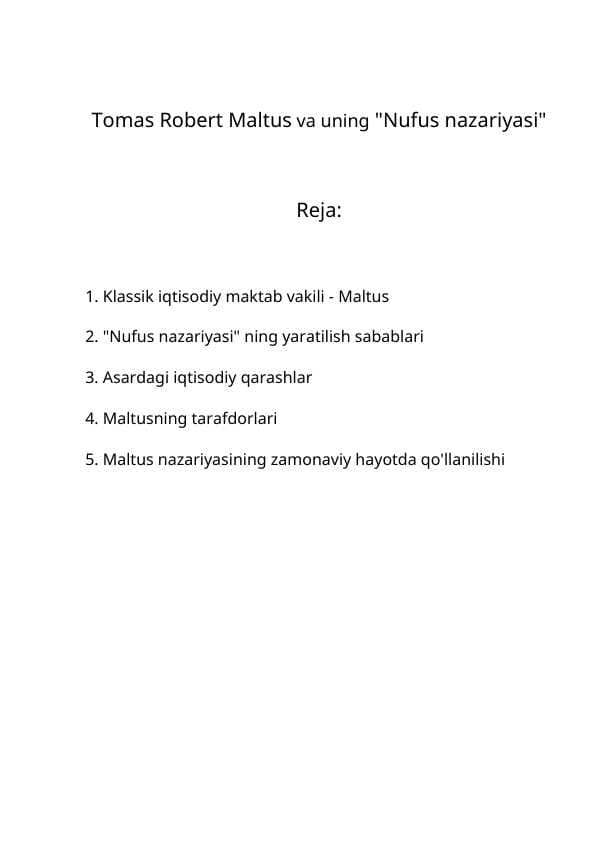 Tomas Robert Maltus va uning Nufus nazariyasi