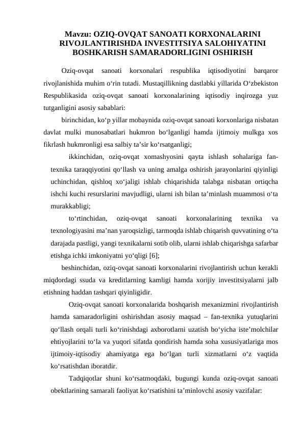 OZIQ-OVQAT SANOATI KORXONALARINI RIVOJLANTIRISHDA INVESTITSIYA SALOHIYATINI BOSHKARISH SAMARADORLIGINI OSHIRISH