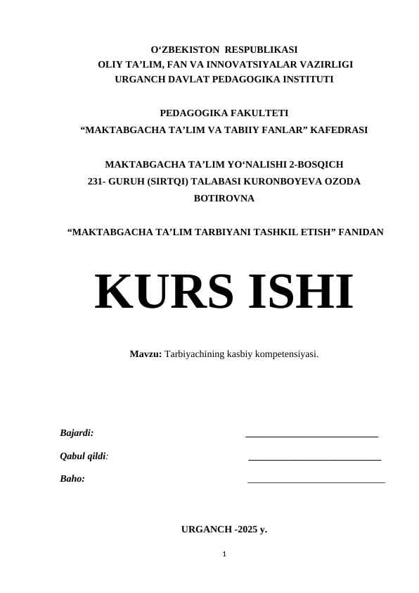 Tarbiyachining kasbiy kompetensiyasi.