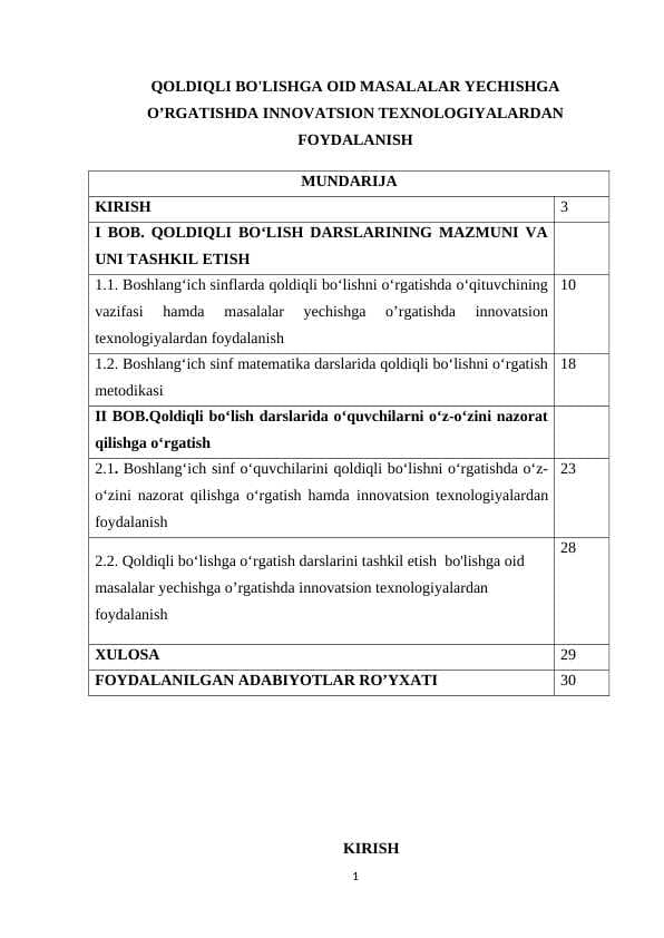 QOLDIQLI BO'LISHGA OID MASALALAR YECHISHGA O’RGATISHDA INNOVATSION TEXNOLOGIYALARDAN FOYDALANISH