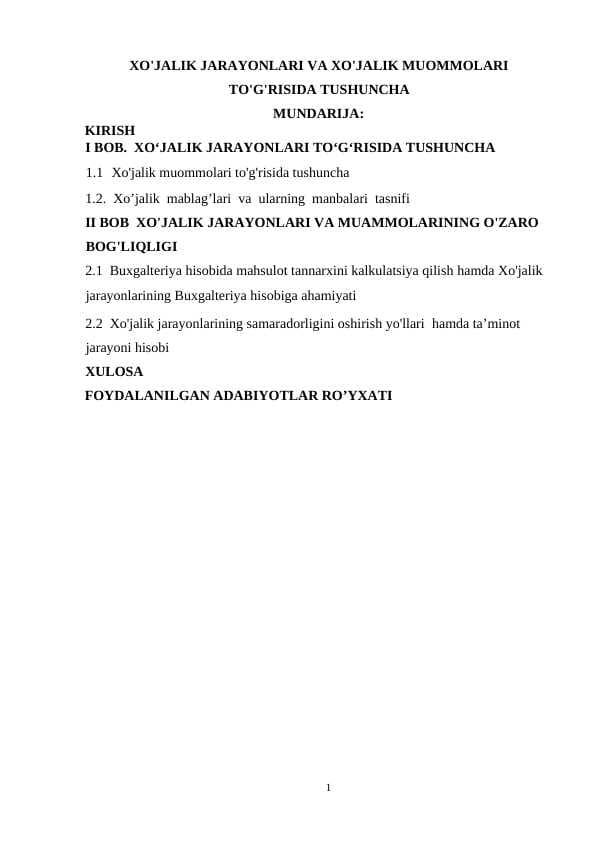 XO'JALIK JARAYONLARI VA XO'JALIK MUOMMOLARI TO'G'RISIDA TUSHUNCHA