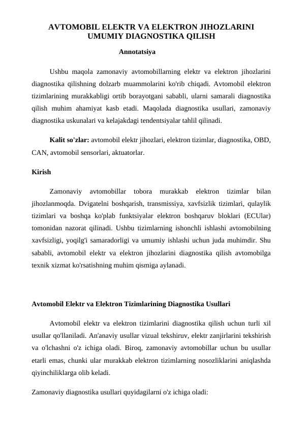 AVTOMOBIL ELEKTR VA ELEKTRON JIHOZLARINI UMUMIY DIAGNOSTIKA QILISH