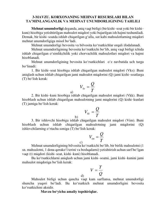 MAVZU. KORXONANING MEHNAT RESURSLARI BILAN TA’MINLANGANLIK VA MEHNAT UNUMDORLIGINING TAHLILI