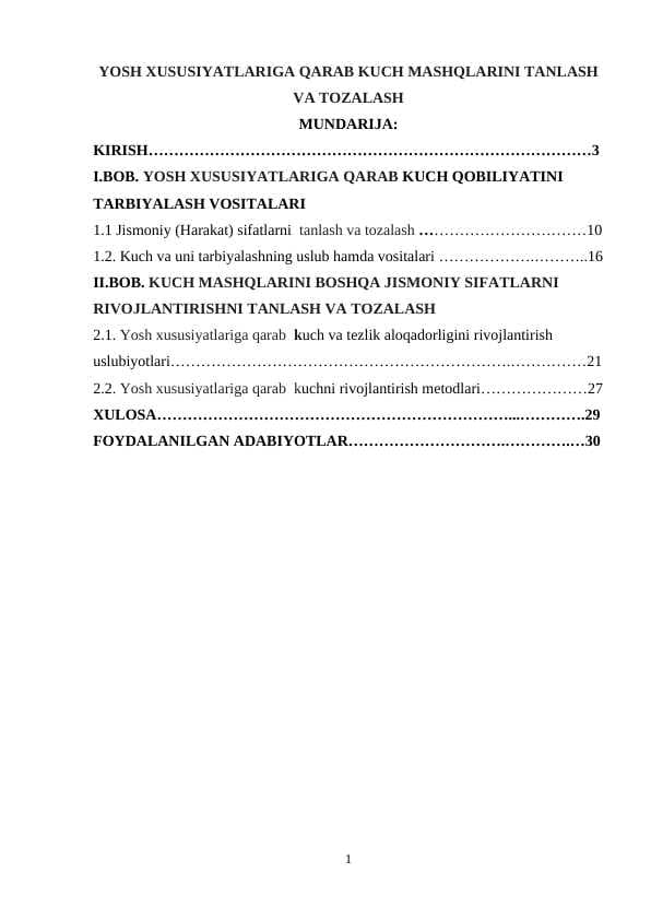 YOSH XUSUSIYATLARIGA QARAB KUCH MASHQLARINI TANLASH VA TOZALASH