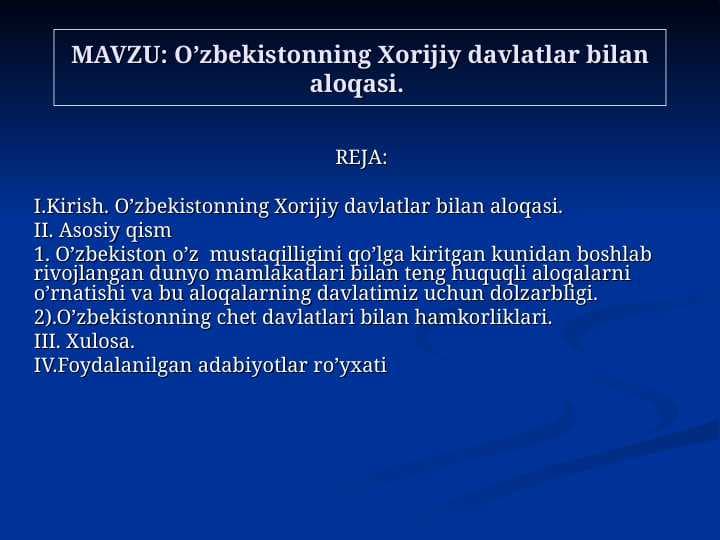 O'zbekistonning Xorijiy davlatlar bilan aloqalari