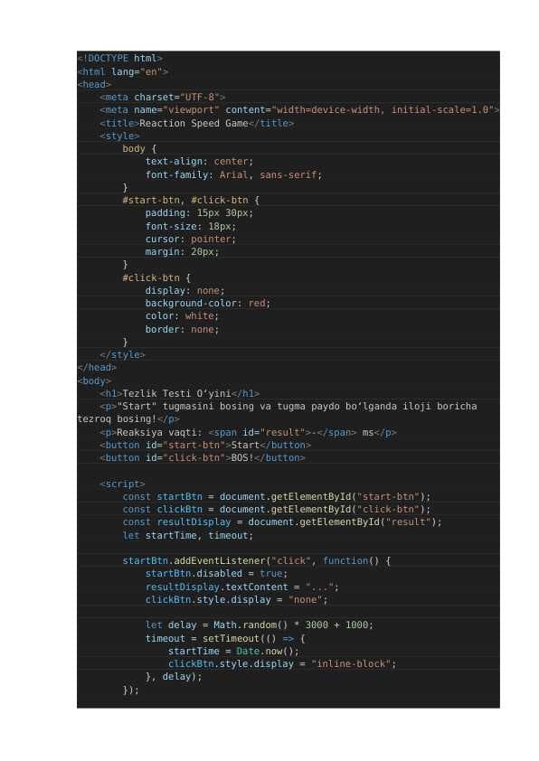 "Tezlik testi" o'yini. {HTML code}