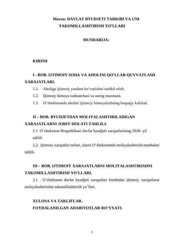 DAVLAT BYUDJETI TARKIBI VA UNI TAKOMILLASHTIRISH YO’LLARI