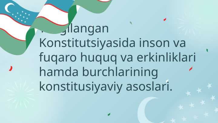 Yangilangan Konstitutsiyasida inson va fuqaro huquq va erkinliklari hamda burchlarining konstitusiyaviy asoslari.