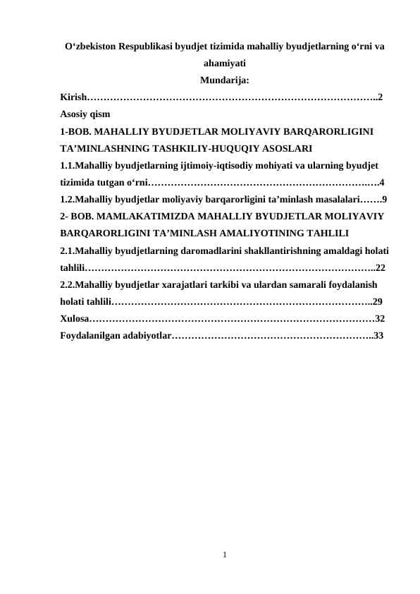 Oʻzbekiston Respublikasi byudjet tizimida mahalliy byudjetlarning oʻrni va ahamiyati