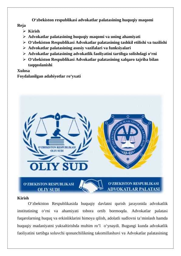 O‘zbekiston respublikasi advokatlar palatasining huquqiy maqomi