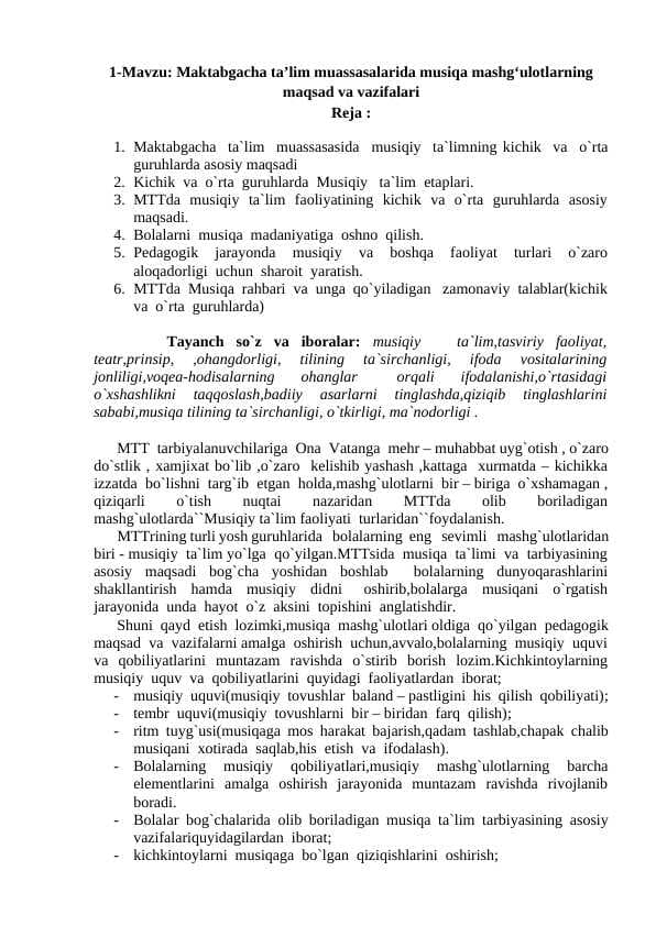 Maktabgacha ta’lim muassasalarida musiqa mashg‘ulotlarning maqsad va vazifalari