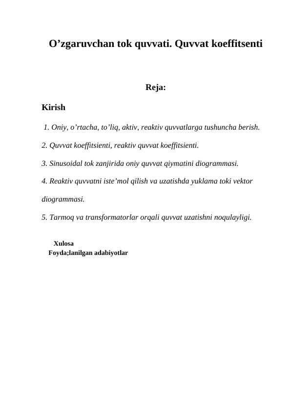 O’zgaruvchan tok quvvati.