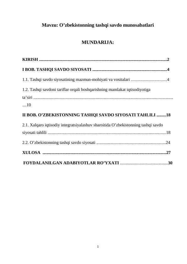O’zbekistonning tashqi savdo munosabatlari