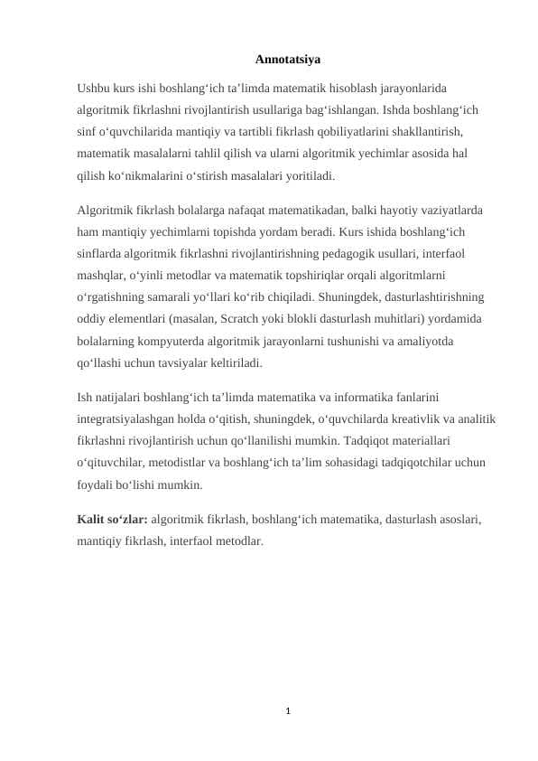 Matematik hisoblashda algoritmik fikrlashni rivojlantirish