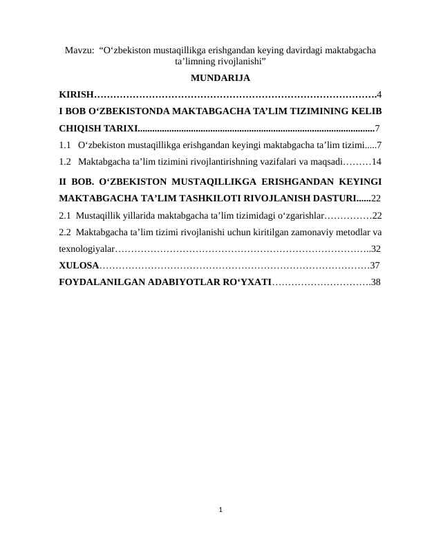 “O‘zbekiston mustaqillikga erishgandan keying davirdagi maktabgacha ta’limning rivojlanishi”