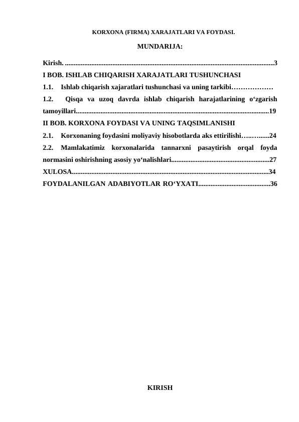 Korxona (firma) xarajatlari va foydasi