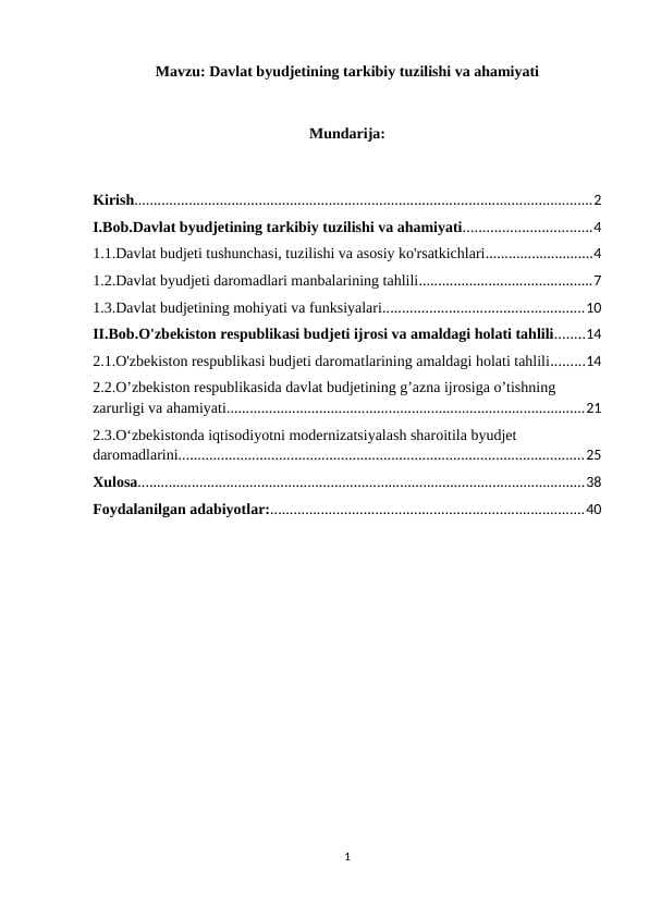 DAVLAT BYUDJETINING TARKIBIY TUZILISHI VA AHAMIYATI