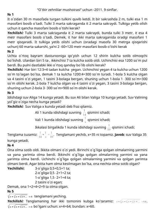 Matematik savollar yechimlari bilan