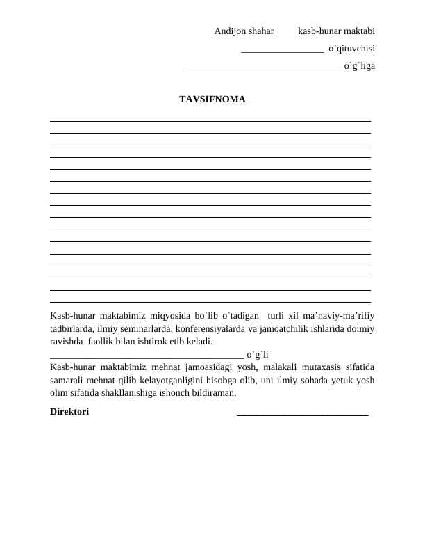 TAVSIFNOMA namuna