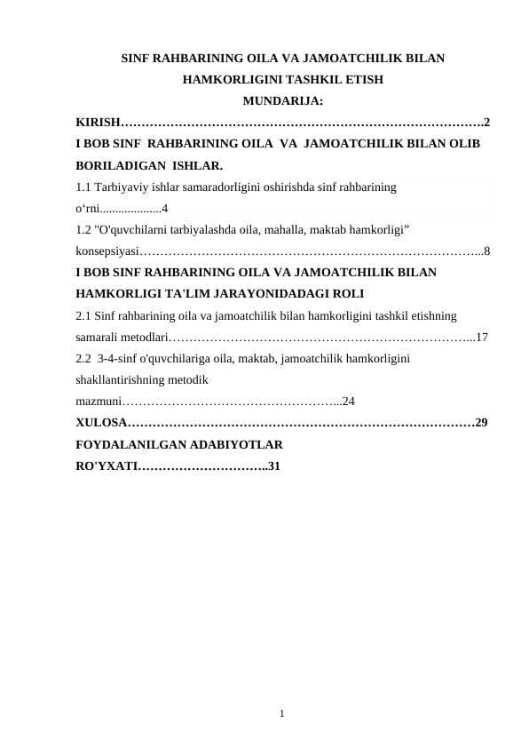 SINF RAHBARINING OILA VA JAMOATCHILIK BILAN HAMKORLIGINI TASHKIL ETISH