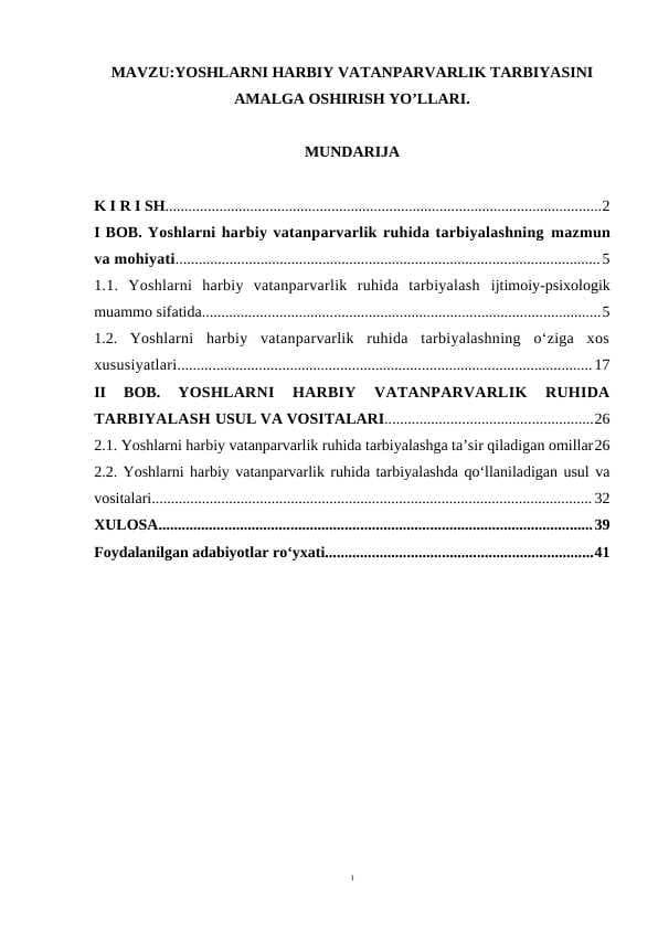 YOSHLARNI HARBIY VATANPARVARLIK TARBIYASINI AMALGA OSHIRISH YO’LLARI