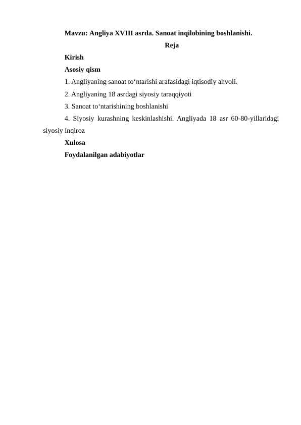 Angliya XVIII asrda. Sanoat inqilobining boshlanishi