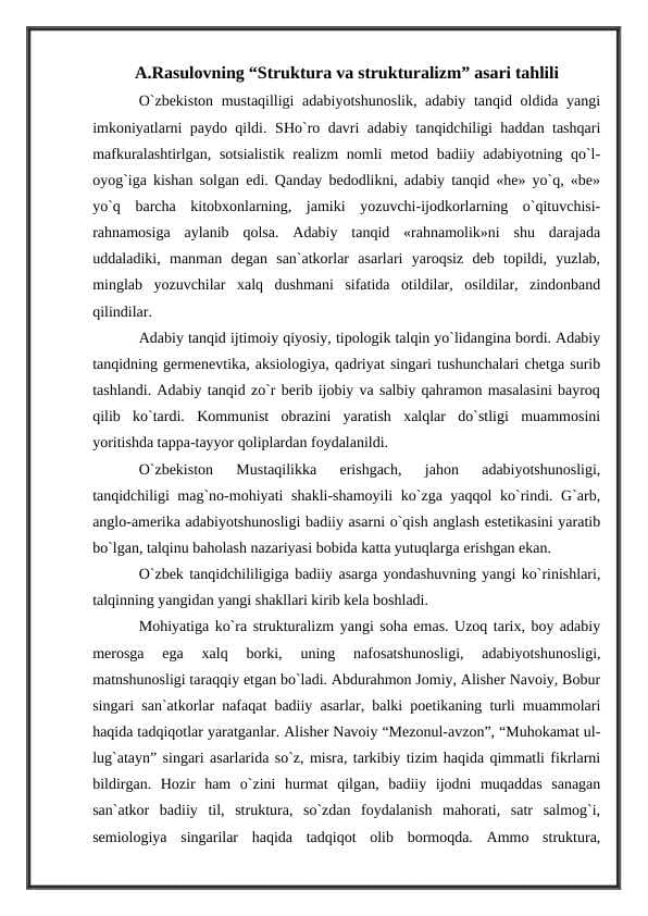 A.Rasulovning “Struktura va strukturalizm” asari tahlili