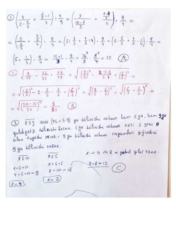 Matematikadan takrorlash testi yechimlari